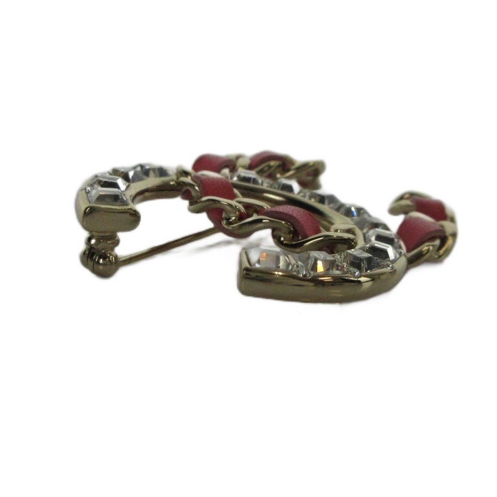 Chanel Pin Brooch Logo CC Line Stone Leather Pink Gold Color MQ AA — view 4