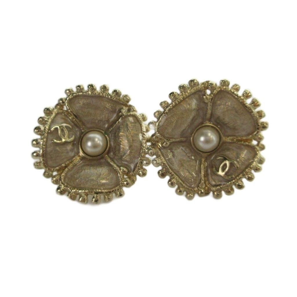 Chanel Stud Earrings Clover CC Logo Faux Pearl Champagne Gold Color MQ AA