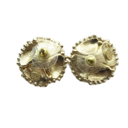 Chanel Stud Earrings Clover CC Logo Faux Pearl Champagne Gold Color MQ AA — view 3