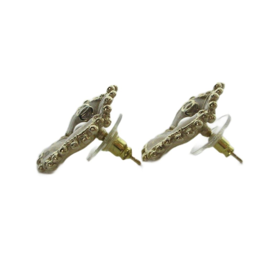 Chanel Stud Earrings Clover CC Logo Faux Pearl Champagne Gold Color MQ AA — view 2