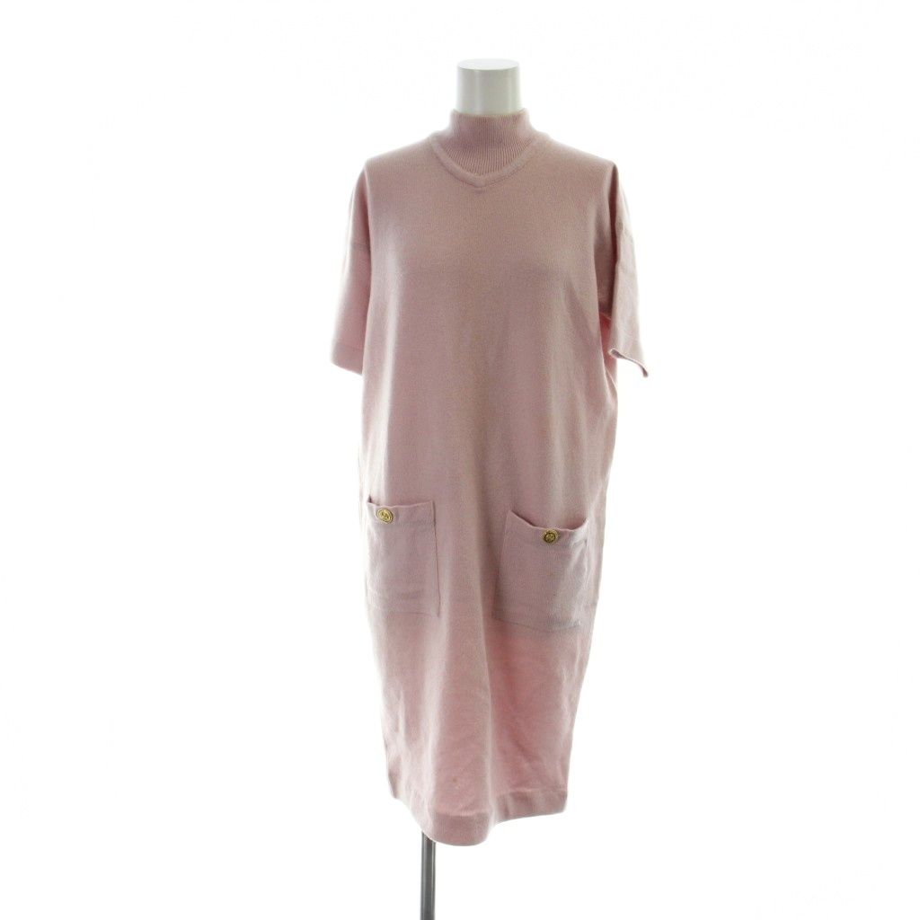 Chanel Short Sleeve Dress Knit Long High Neck Logo Gold Button 1 Pink