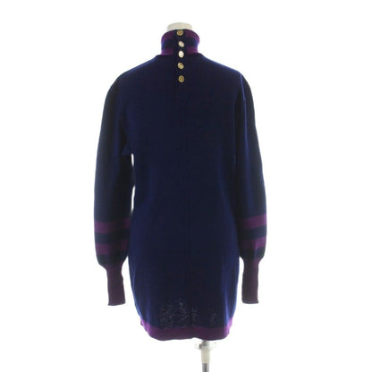Chanel Knit Dress Long Sleeve Long High Neck Gold Button 40 M Purple Navy — view 2