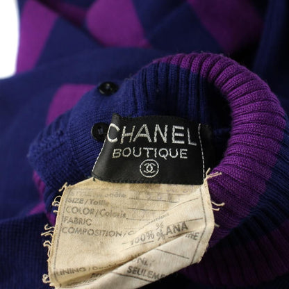 Chanel Knit Dress Long Sleeve Long High Neck Gold Button 40 M Purple Navy — view 6