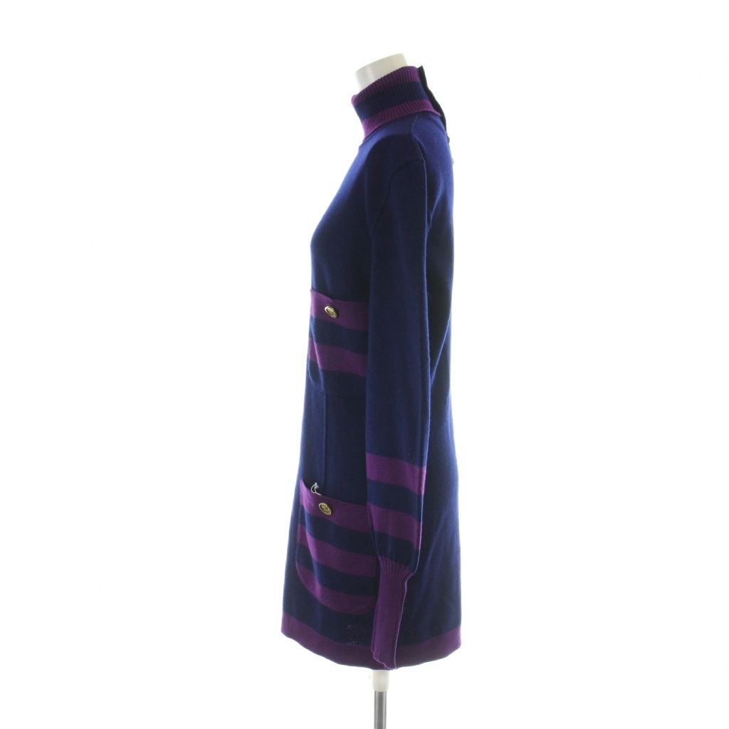 Chanel Knit Dress Long Sleeve Long High Neck Gold Button 40 M Purple Navy — view 3