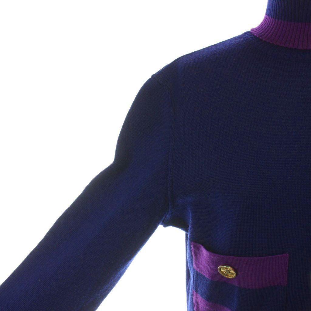 Chanel Knit Dress Long Sleeve Long High Neck Gold Button 40 M Purple Navy — view 4