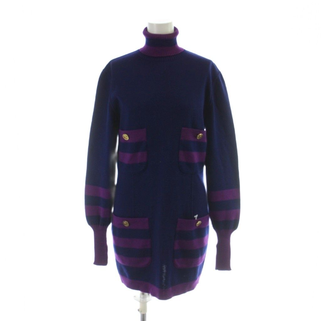 Chanel Knit Dress Long Sleeve Long High Neck Gold Button 40 M Purple Navy