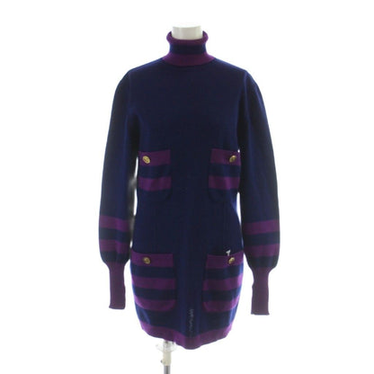 Chanel Knit Dress Long Sleeve Long High Neck Gold Button 40 M Purple Navy
