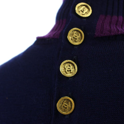 Chanel Knit Dress Long Sleeve Long High Neck Gold Button 40 M Purple Navy — view 7