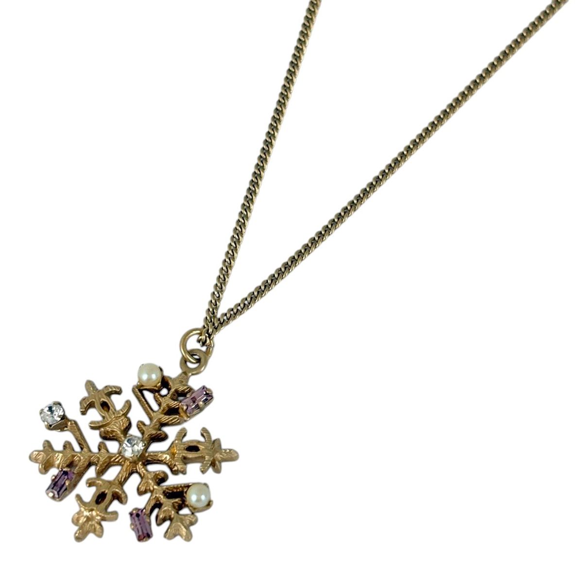 Chanel CC Logo Line Stone Necklace Snowflake Faux Pearl Gold Pink