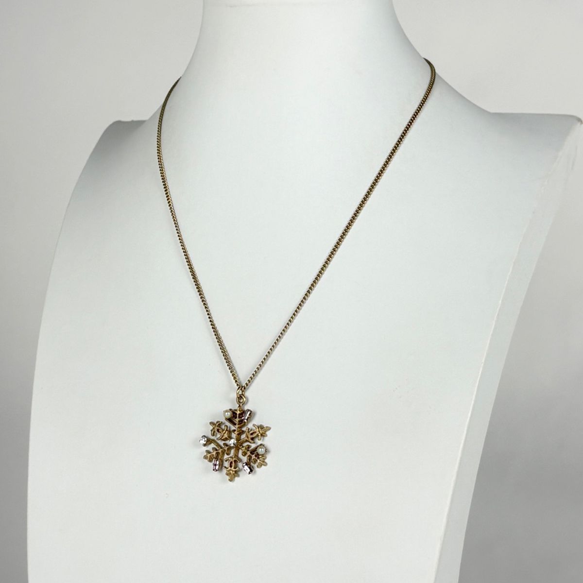 Chanel CC Logo Line Stone Necklace Snowflake Faux Pearl Gold Pink — view 6