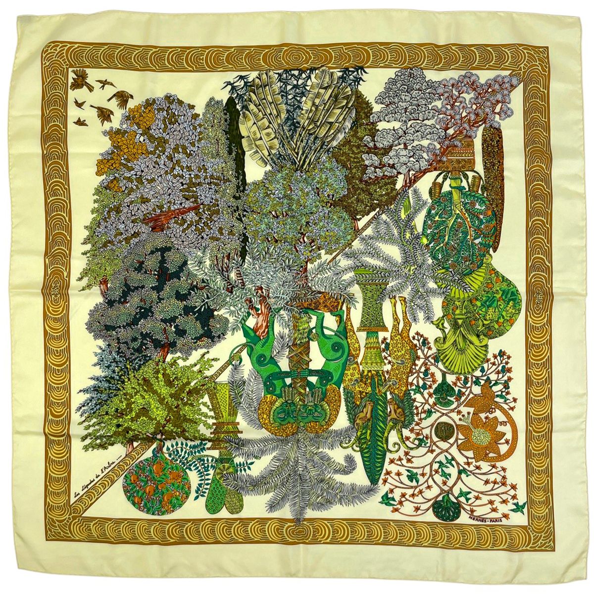 Hermes Carre 90 les Legendes de L'arbre Wood Legend Scarf Silk Yellow Multicolor