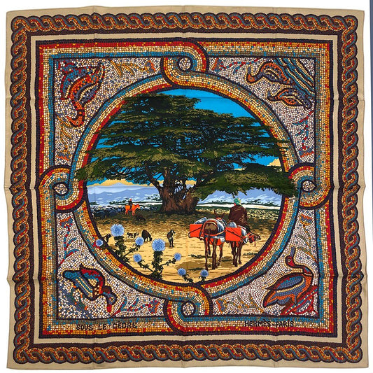 Hermes Carre 90 Sous le Cedre Under the Himalayan Cedar Scarf Silk Beige