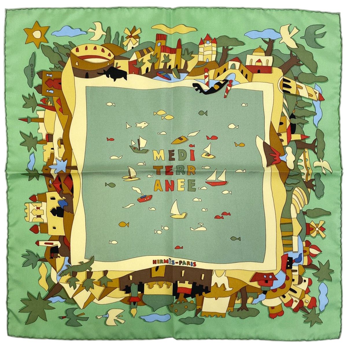Hermes Petit Carre Mediterranee Mediterranean Scarf Silk Green Multicolor