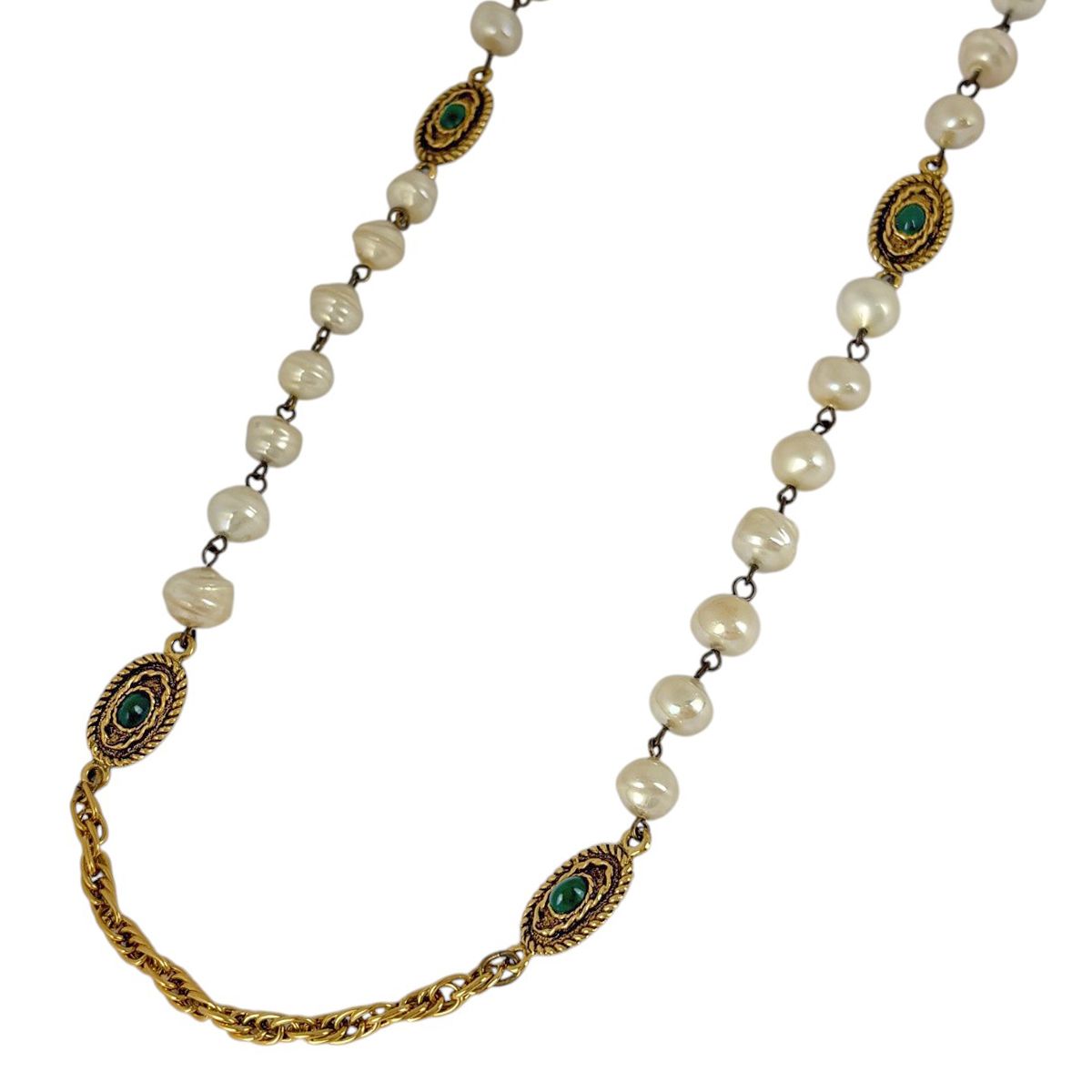 Chanel CC Logo Faux Pearl Necklace Color Stone Gold Plated