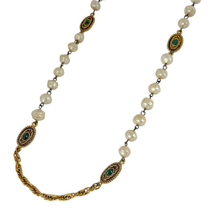 Chanel CC Logo Faux Pearl Necklace Color Stone Gold Plated
