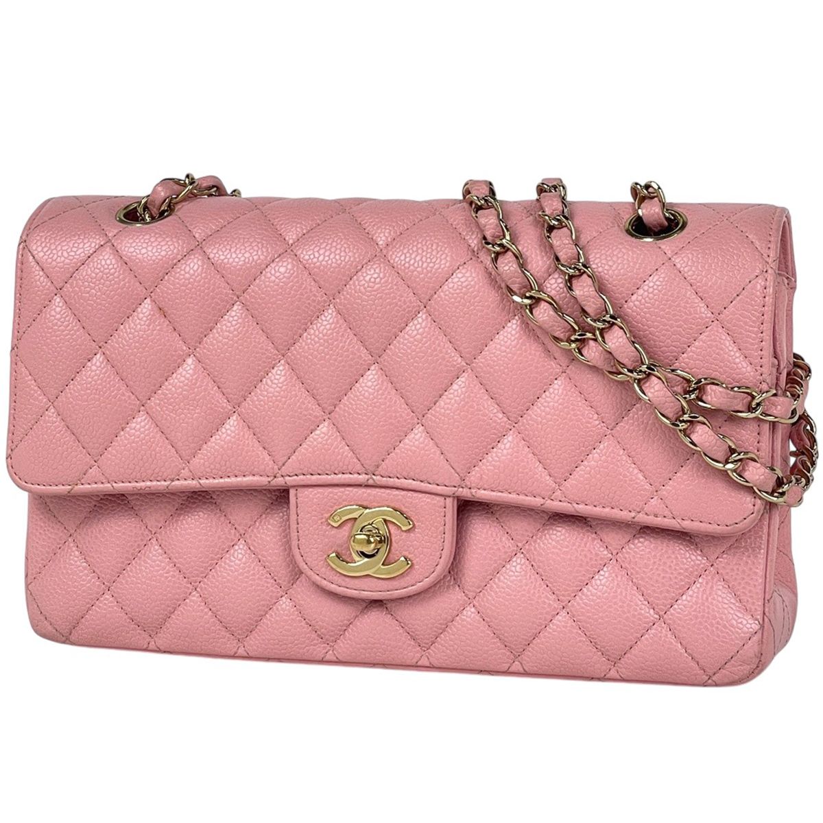 Chanel Quilted Double Flap Chain Shoulder Bag CC Logo Caviar Leather Pink