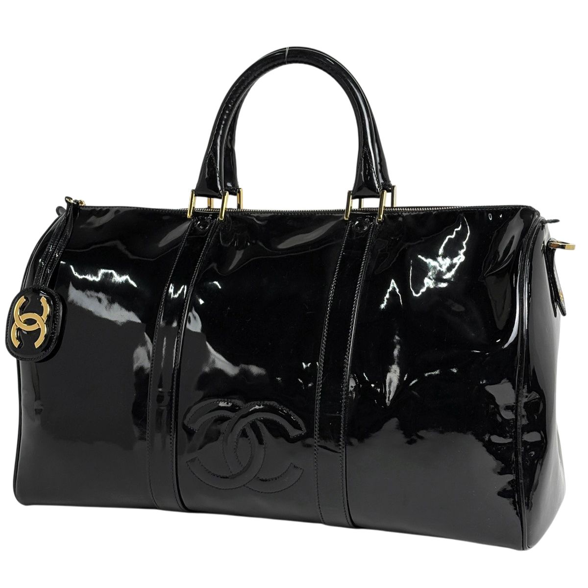 Chanel CC Logo Boston Bag 2-Way Enamel Patent Leather Black