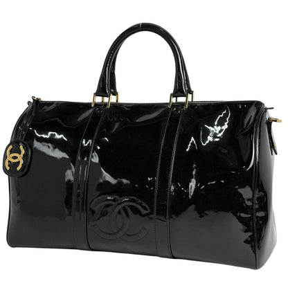 Chanel CC Logo Boston Bag 2-Way Enamel Patent Leather Black