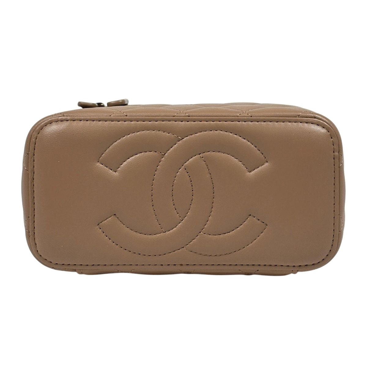 Chanel CC Logo Vanity Shoulder Bag Makeup Pouch Leather Beige — view 5