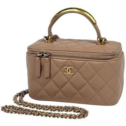 Chanel CC Logo Vanity Shoulder Bag Makeup Pouch Leather Beige