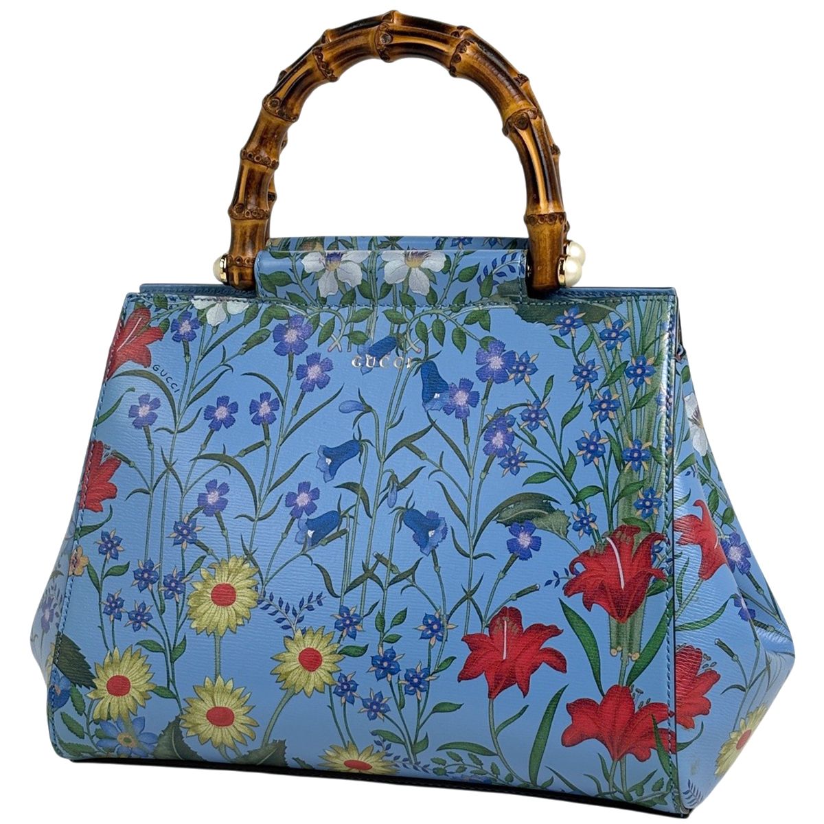 Gucci Nymfair Small New Flora Handbag 2-Way Bamboo Leather Blue