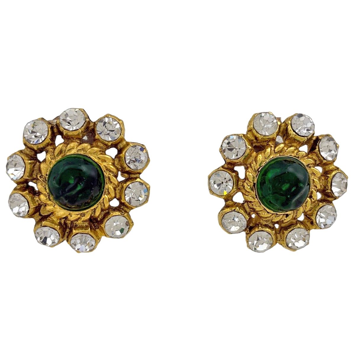 Chanel Colored Stone Earrings Gripoix Line Gold Green