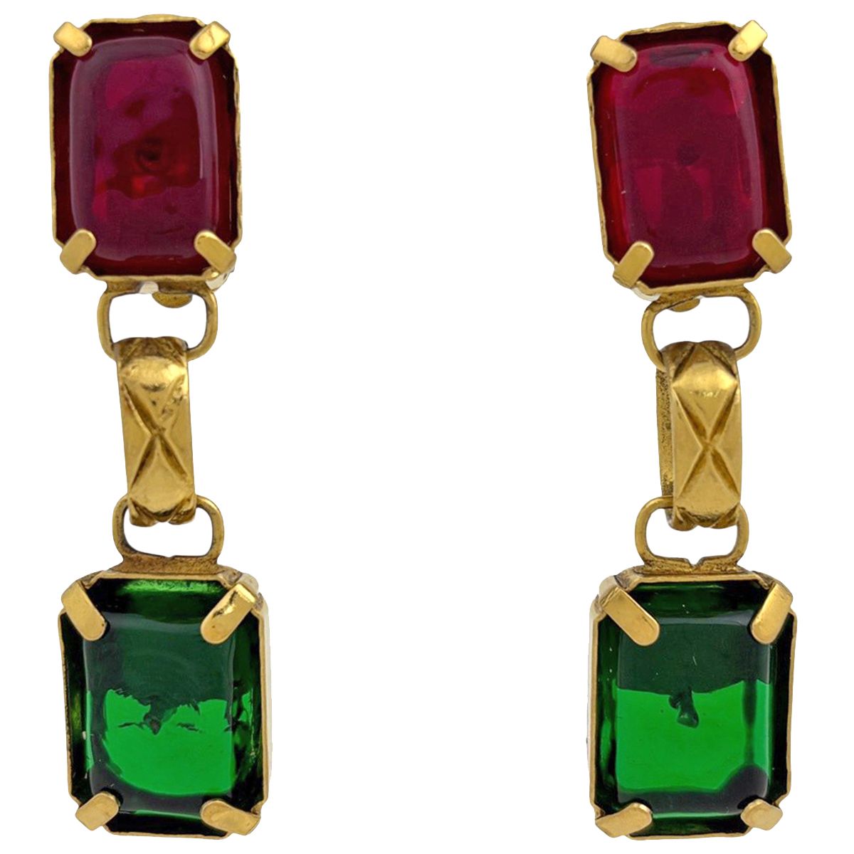 Chanel Color Stone Earrings Swing Gripoix Gold Plated Red Green
