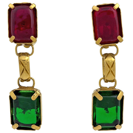 Chanel Color Stone Earrings Swing Gripoix Gold Plated Red Green