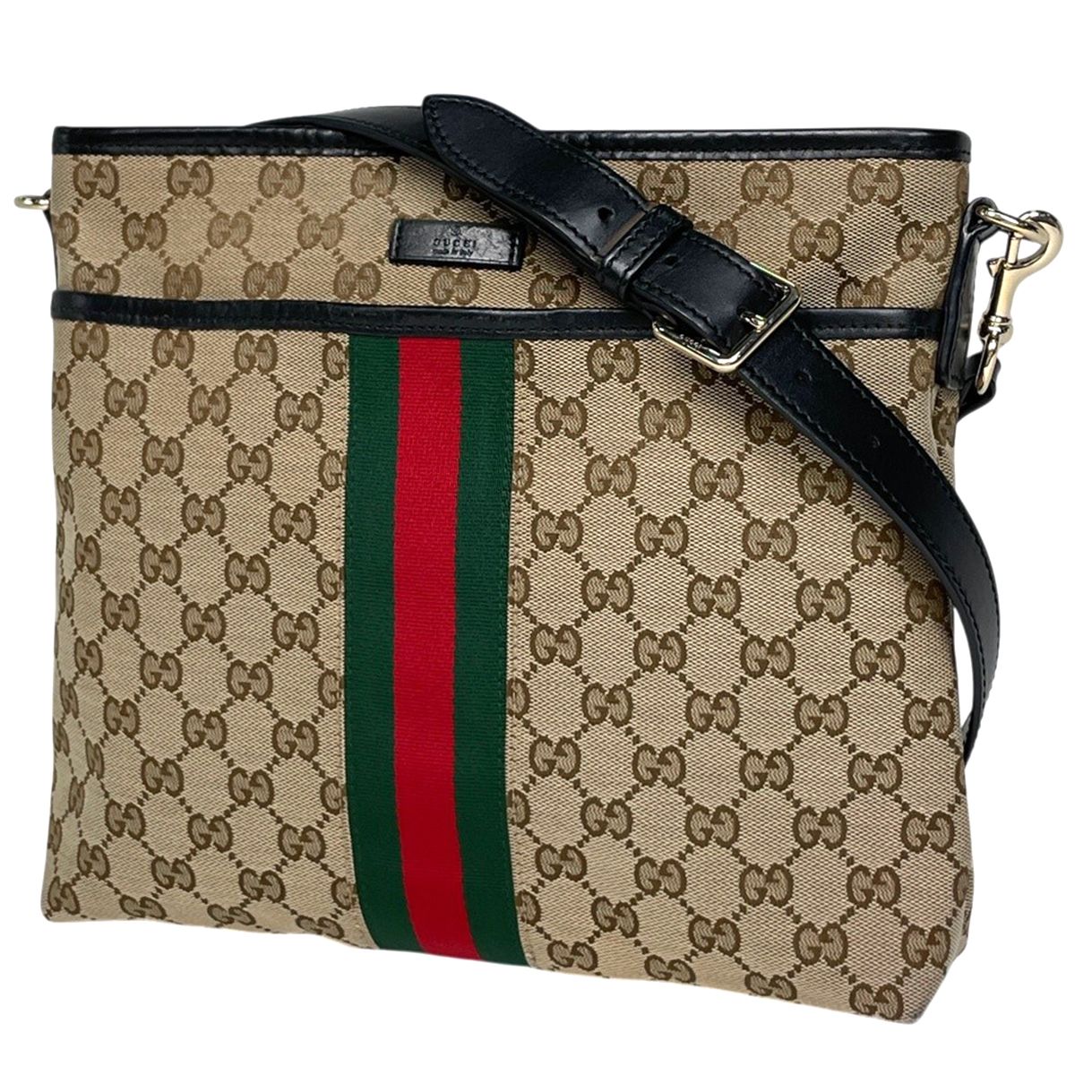 Gucci GG Pattern Shoulder Bag Sherry Line Web Canvas Beige Black