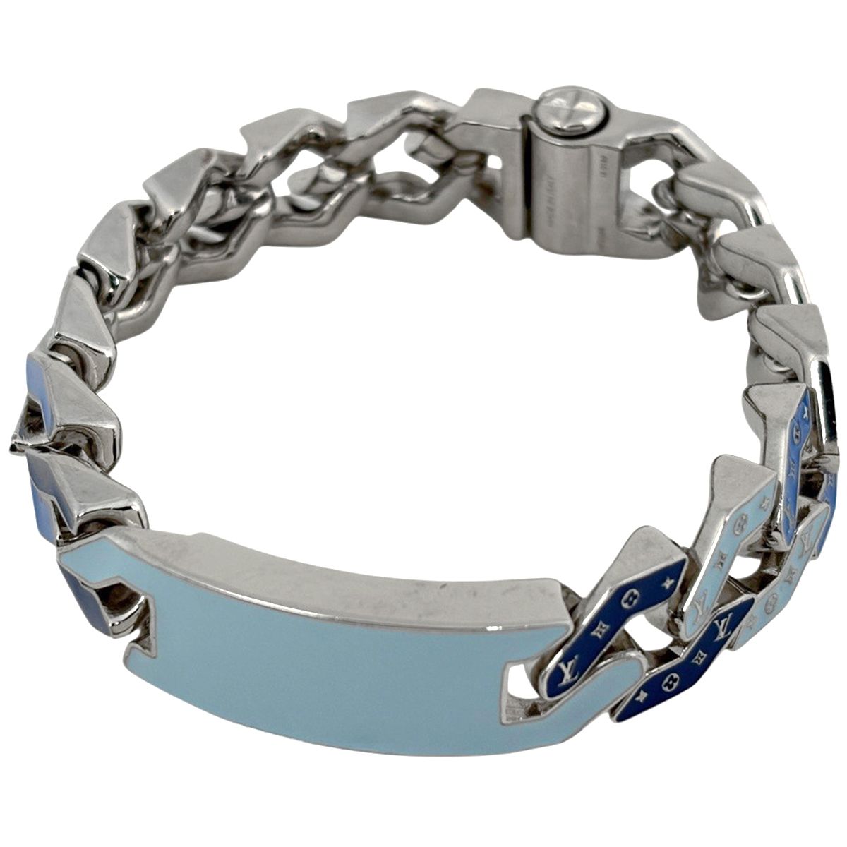 Louis Vuitton Bracelet Chain Links Monogram Metal Silver Blue