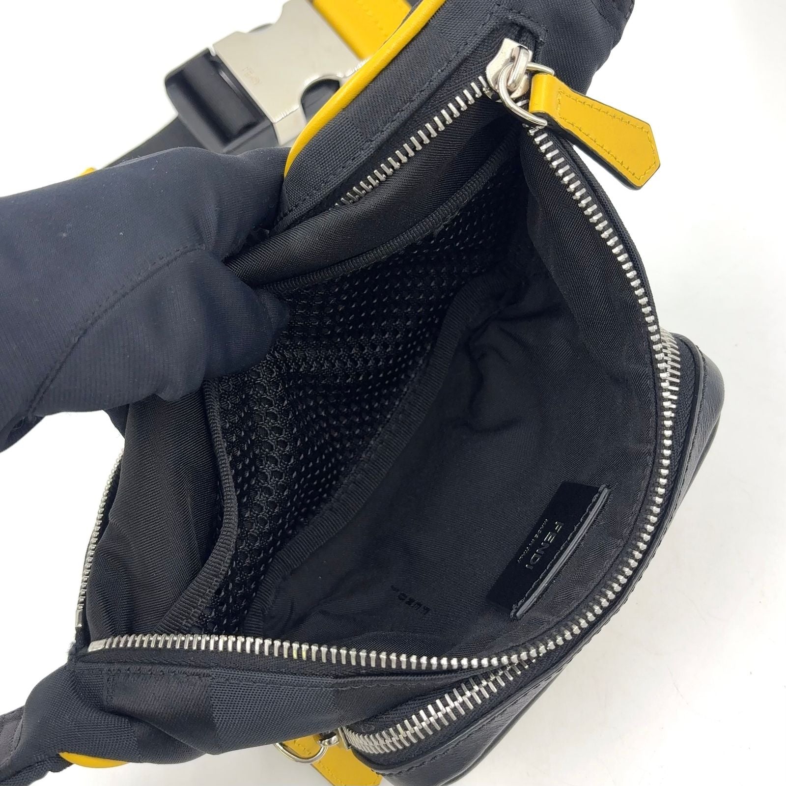 Fendi Logo Leather Nylon Yellow Black Belt Bag Silver — view 3