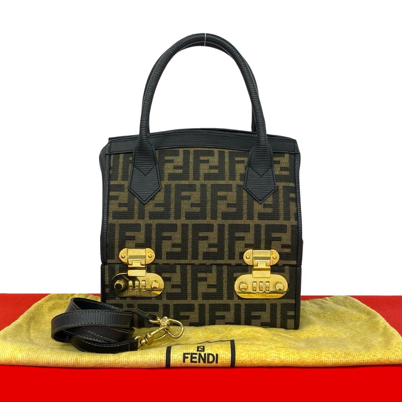 Fendi Zucca FF Logo Leather 2-Way Makeup Pouch Shoulder Bag Black