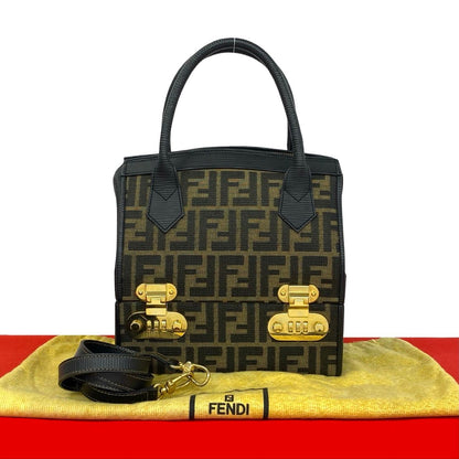 Fendi Zucca FF Logo Leather 2-Way Makeup Pouch Shoulder Bag Black