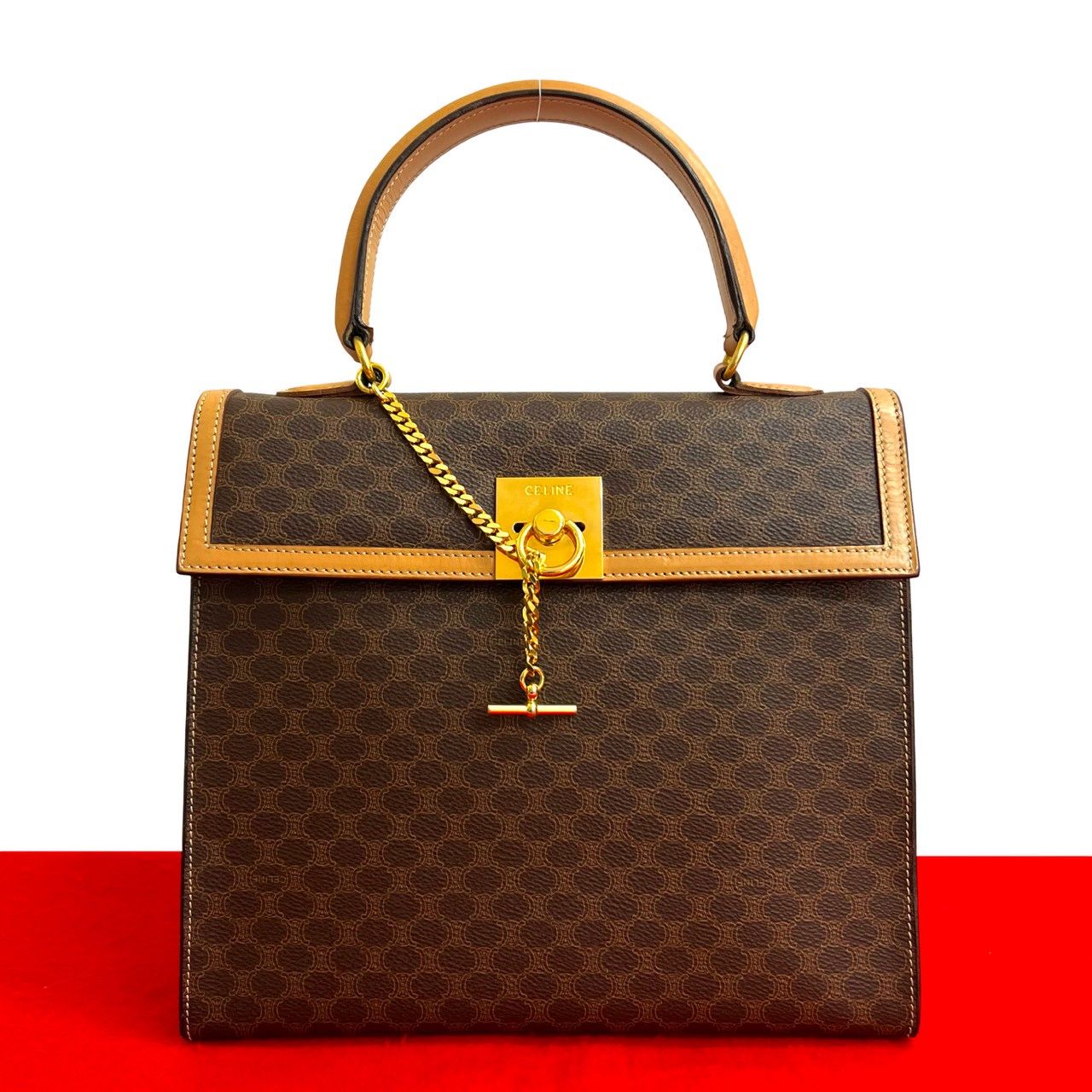 Celine Macadam Blason Triomphe Logo Ring Leather Handbag Mini Tote Brown