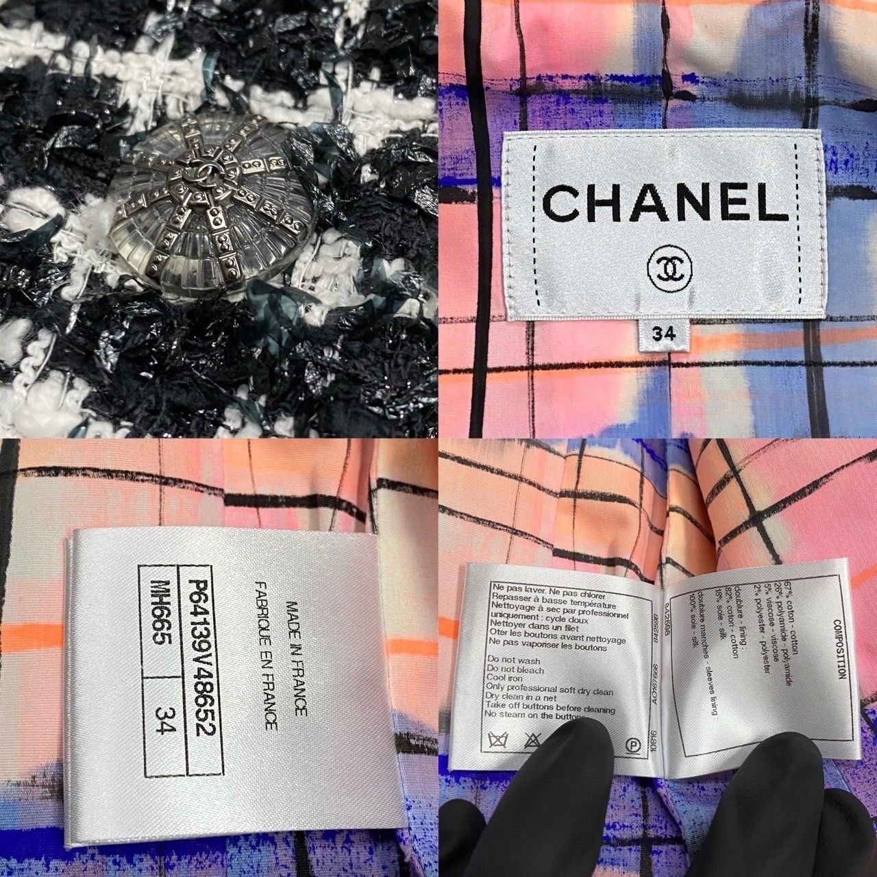 Chanel CC Logo Button Tweed Jacket 34 Black White — view 8