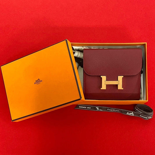 Hermes Box Constance Compact Leather Bifold Wallet Mini Rouge Grena