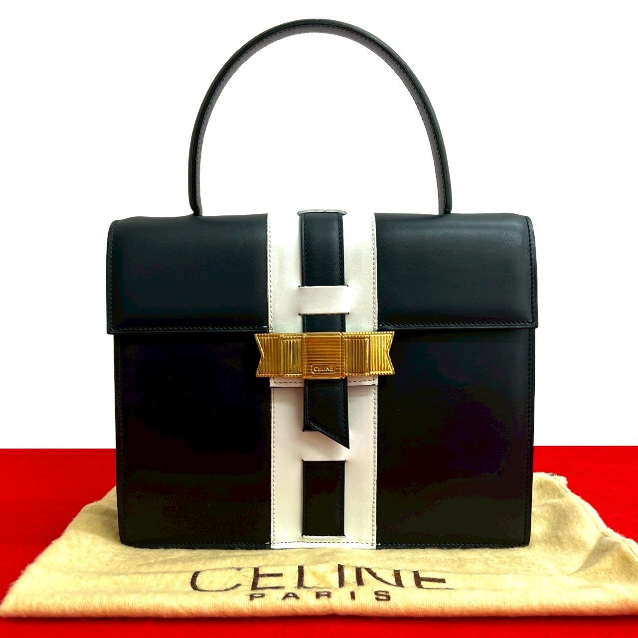 Celine Vintage Logo Ribbon Leather Handbag Mini Tote Navy White