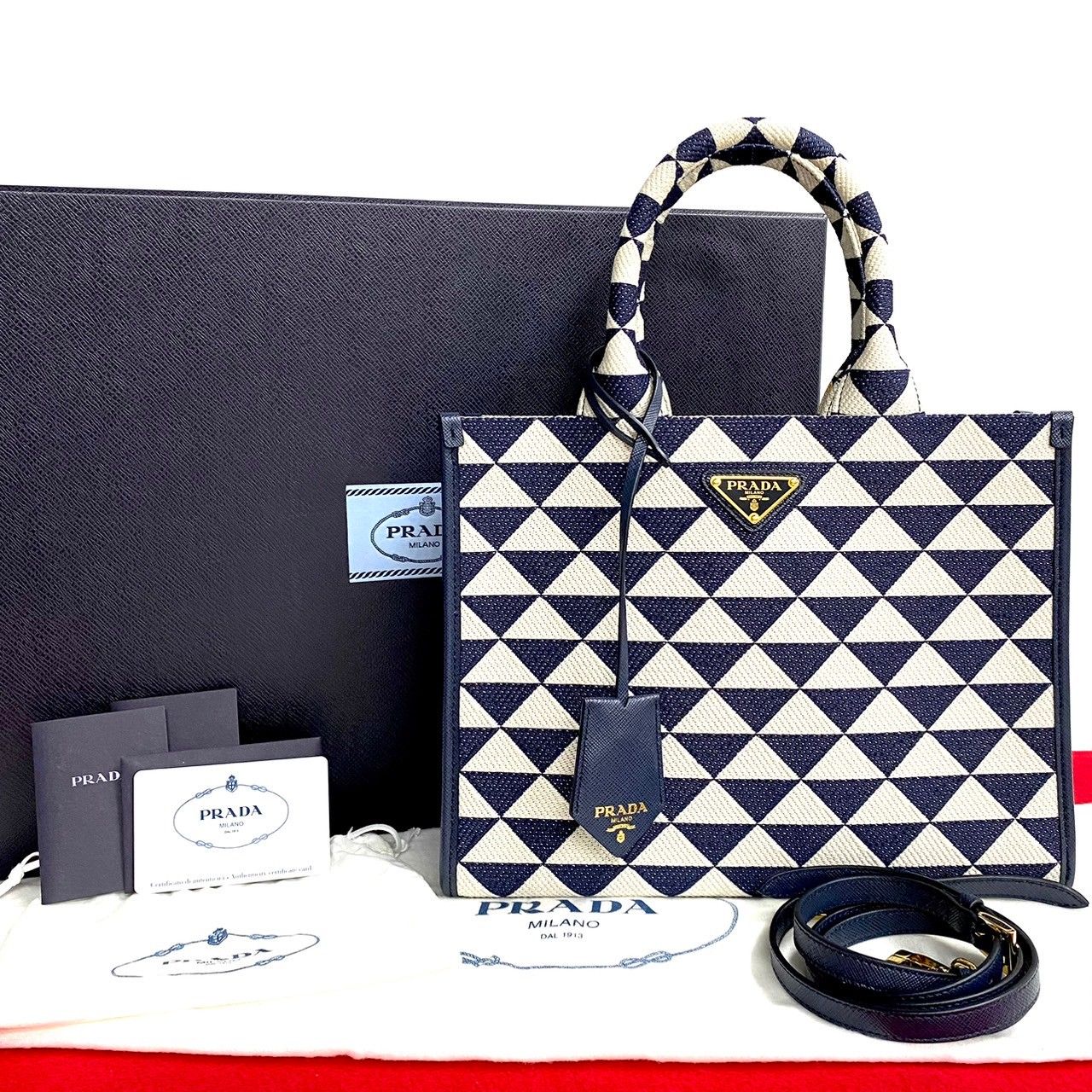 Prada Box Symbol Embroidery Fabric Small 2-Way Shoulder Bag Navy Blue