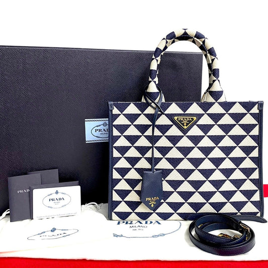 Prada Box Symbol Embroidery Fabric Small 2-Way Shoulder Bag Navy Blue