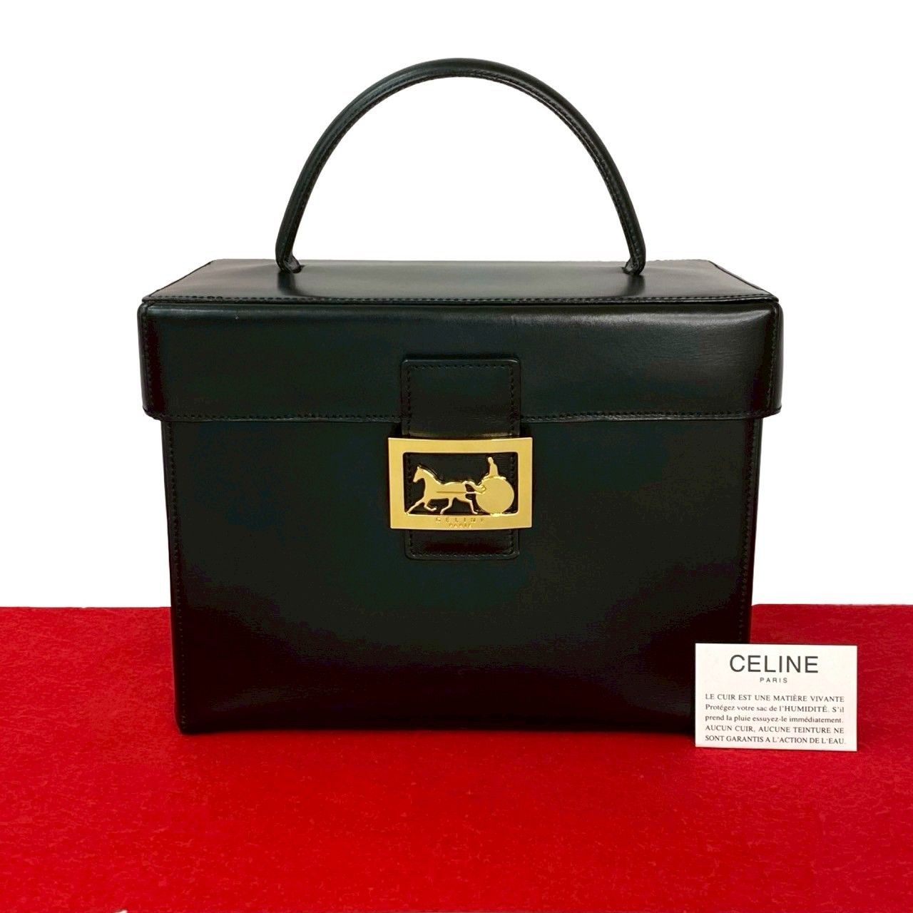 Celine Vintage Carriage Calf Leather Handbag Vanity Bag Makeup Box Black