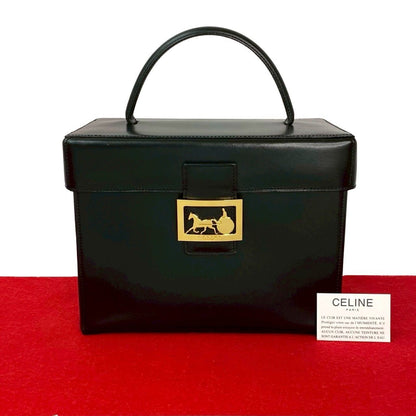 Celine Vintage Carriage Calf Leather Handbag Vanity Bag Makeup Box Black