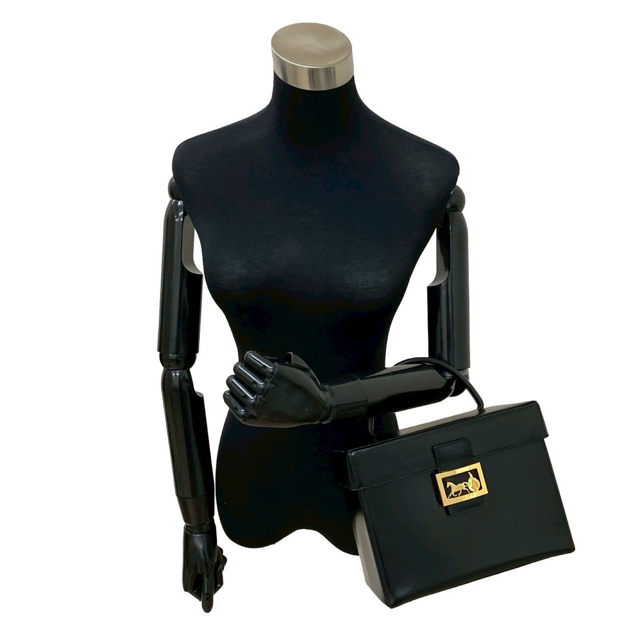 Celine Vintage Carriage Calf Leather Handbag Vanity Bag Makeup Box Black — view 2