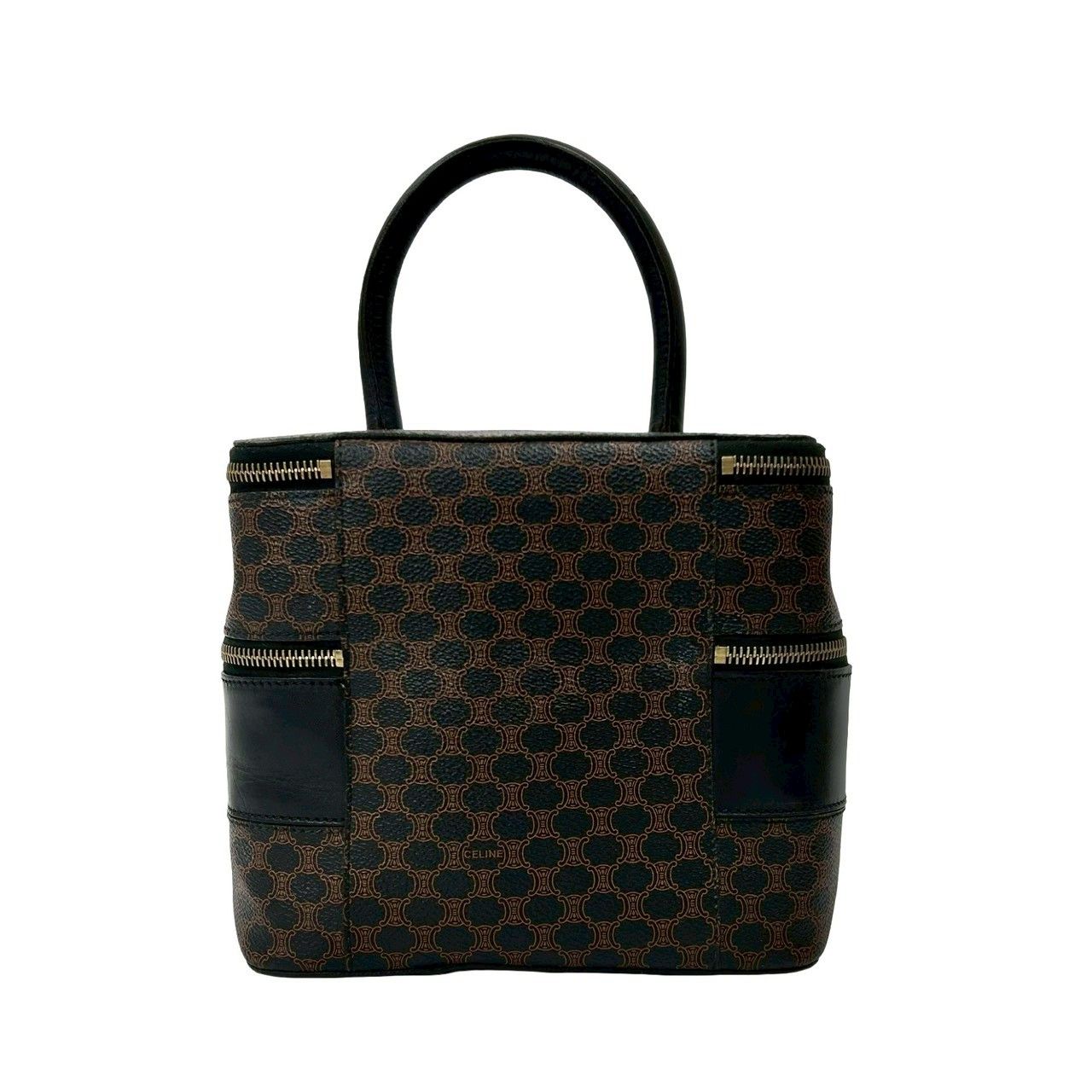 Celine Vintage Macadam Blason Pattern Leather Handbag Vanity Makeup Box Black — view 3