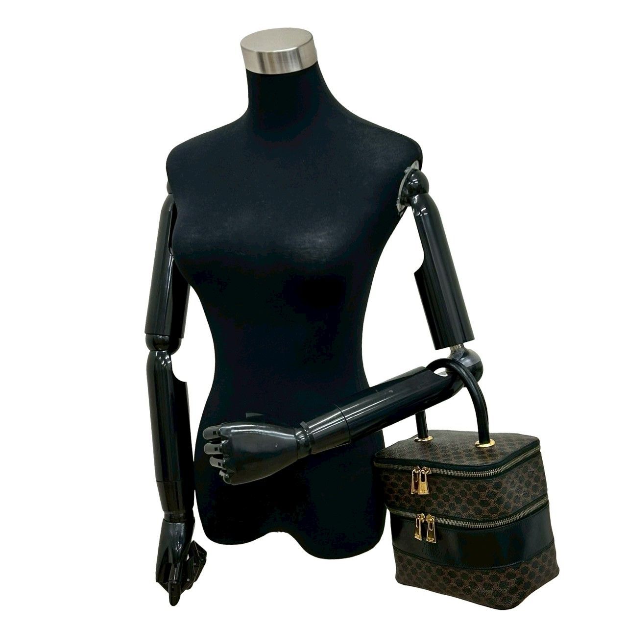 Celine Vintage Macadam Blason Pattern Leather Handbag Vanity Makeup Box Black — view 2