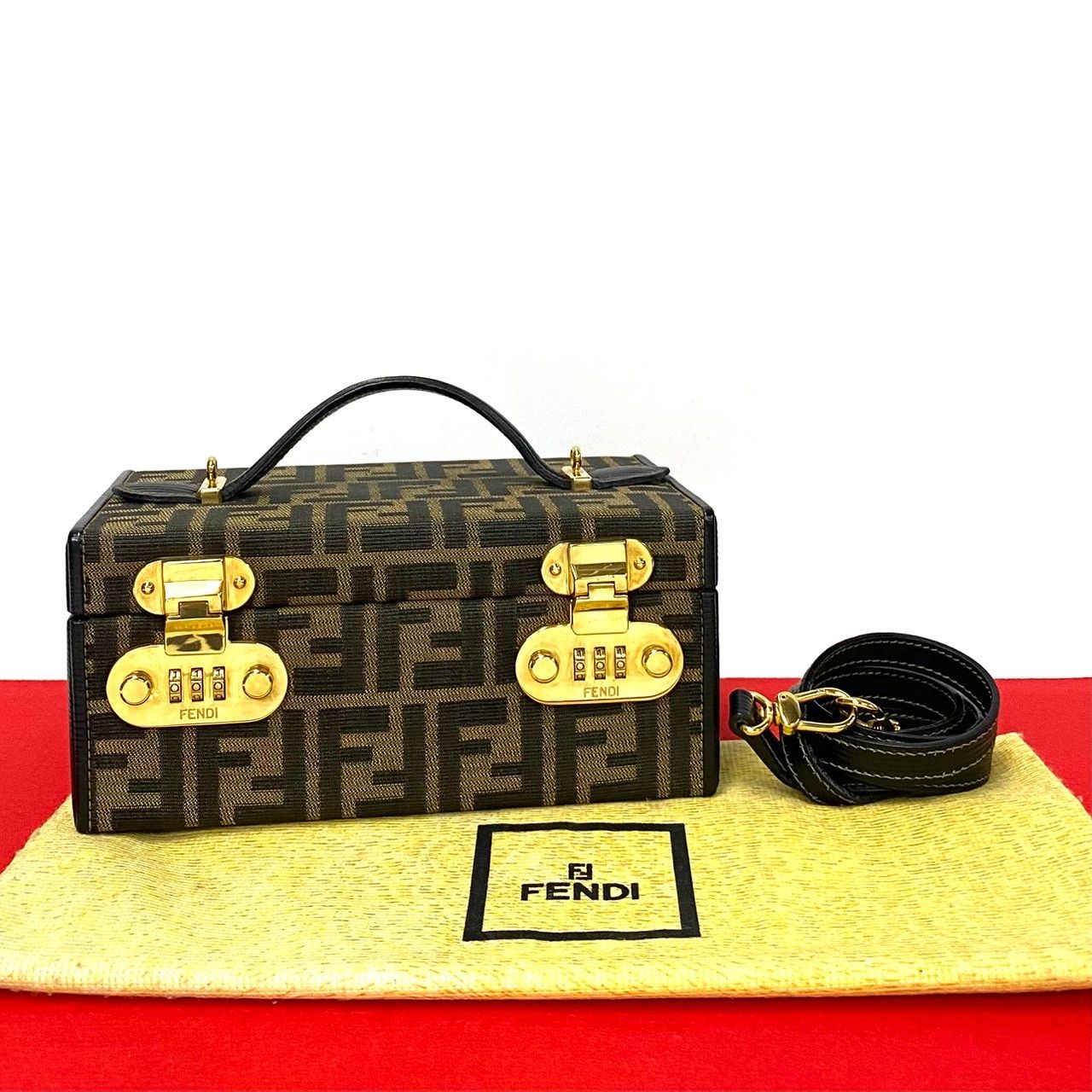 Fendi Dial Lock Vanity Zucca FF Pattern Canvas Leather 2-Way Shoulder Bag Brown