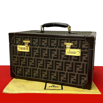 Fendi Zucca FF Pattern Canvas Leather Handbag Vanity Bag Makeup Box Brown