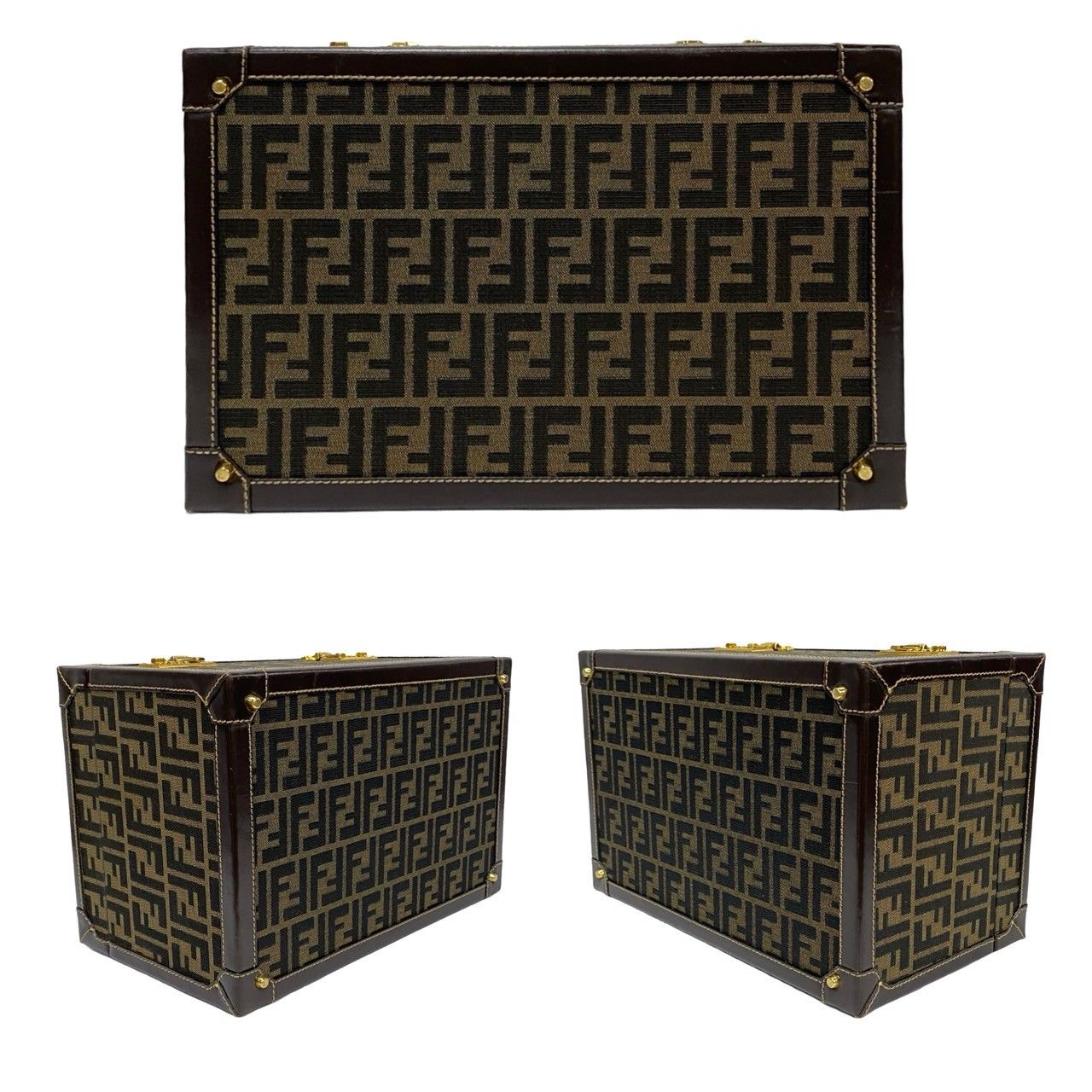 Fendi Zucca FF Pattern Canvas Leather Handbag Vanity Bag Makeup Box Brown — view 5