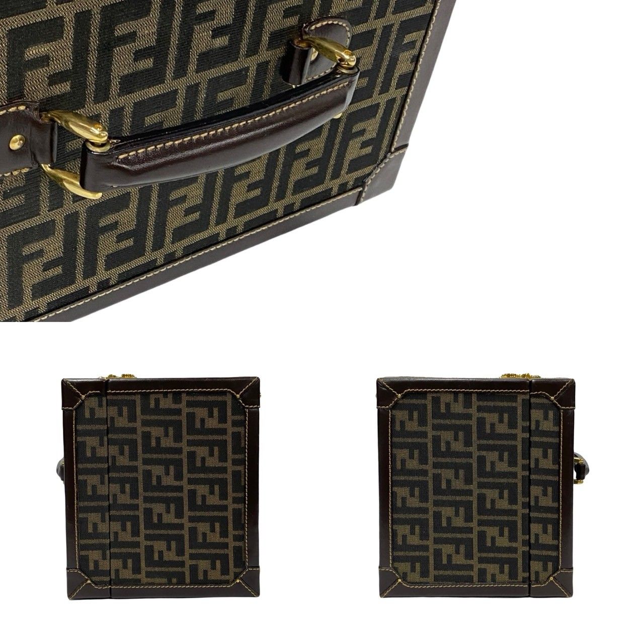 Fendi Zucca FF Pattern Canvas Leather Handbag Vanity Bag Makeup Box Brown — view 4