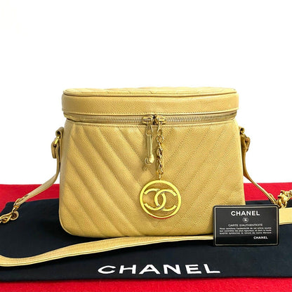 Chanel Card with Stitch CC Logo Caviar Leather Chain Shoulder Bag Beige