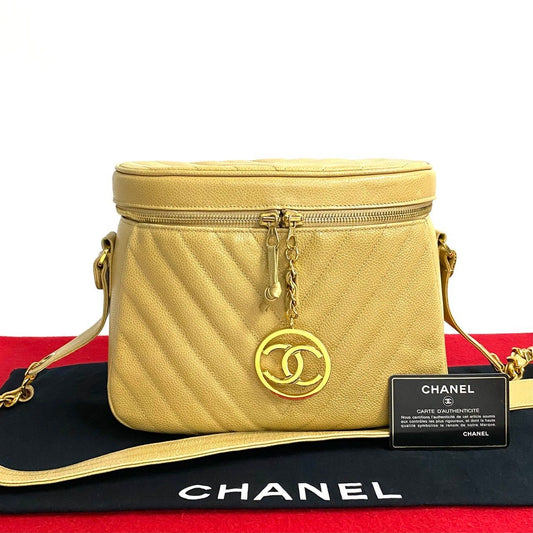 Chanel Card with Stitch CC Logo Caviar Leather Chain Shoulder Bag Beige